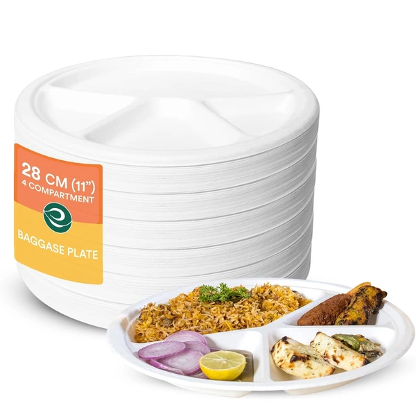 ECO SOUL [11 inch, 25 Pack, 4-Compartment Disposable Bagasse Plates | Eco-Friendly, Biodegradable, Sugarcane Paper Plates | for Serving Dinner | Birthday, Wedding & Party | Round, White (28 cm)
