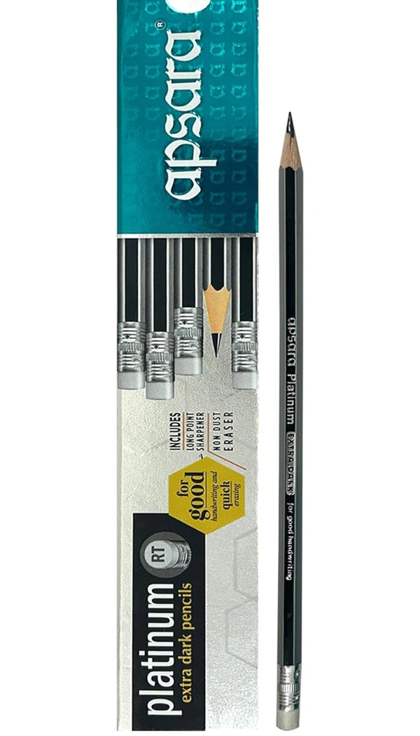 Apsara Platinum Pencils Rubber Tip, Hexagonal Body for Strong Grip, Extra Dark & Easy Sharpening, Good Handwriting, Soft Wood for Easy Sharpening, Free Sharpener & Eraser (Pack of 10 Pencils)
