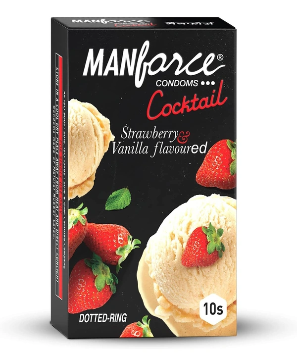 Manforce Cocktail Strawberry & Vanilla Flavoured Condoms for Men with Dotted Rings| Double the Fun with Double Flavour| Extra Dotted for Her Extra Stimulation| India’s No. 1* Condom Brand| Lubricated Latex Condoms| 10 pcs