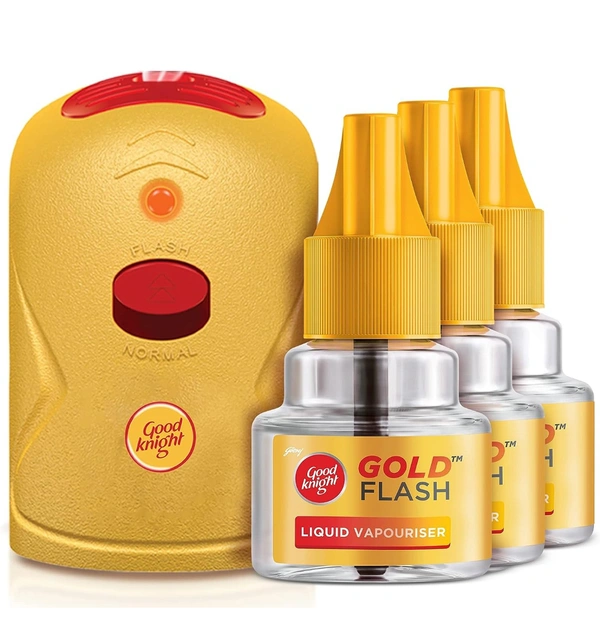 Good Knight Gold Flash Liquid Vapourizer | Mosquito Repellent Combo Pack | Machine + Pack Of 3 Refills (45Ml Each)