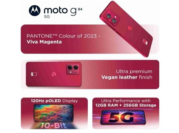 Motorola G84 5G (Viva Magenta, 12GB RAM, 256GB Storage) | 50MP (OIS) | 16MP Front Camera | Snapdragon 695 Processor | Ultra Premium Vegan Leather Design | Unbelievable 5G Speeds with 14 5G Bands - Magenta / Fuchsia