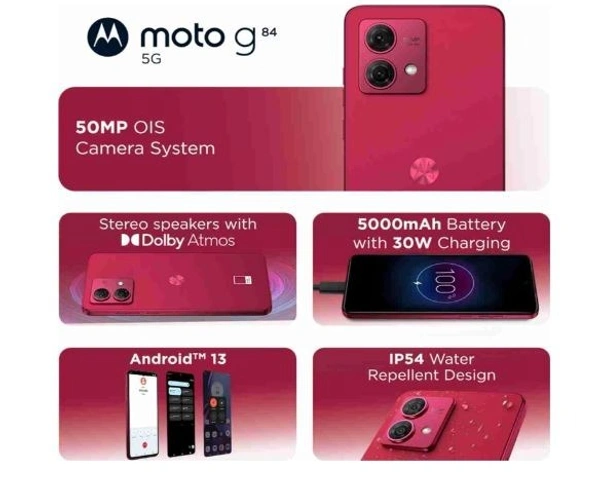Motorola G84 5G (Viva Magenta, 12GB RAM, 256GB Storage) | 50MP (OIS) | 16MP Front Camera | Snapdragon 695 Processor | Ultra Premium Vegan Leather Design | Unbelievable 5G Speeds with 14 5G Bands - Magenta / Fuchsia