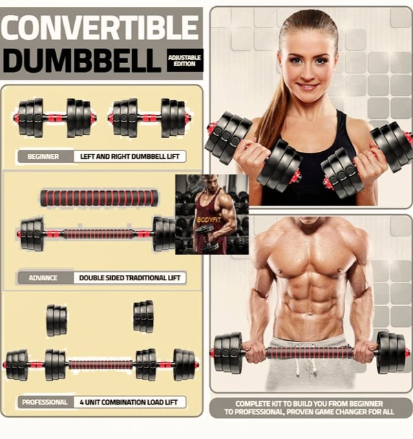 Excellfit 3 IN 1 Convertible Dumbbells Set and Fitness Kit for Men and Women Whole Body Strength Training Workout, Adjustable Dumble Exercise Set. (10KG PLATES(2.5KGX4)  - Black, 10 Kgs ( 2.5 Kgx4 )