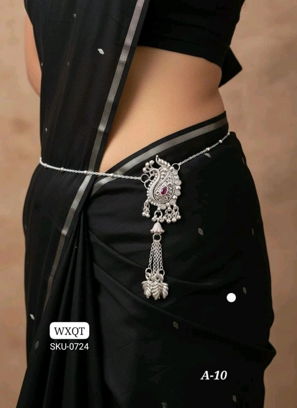 π©Ά KANAF Silver Oxidized Waist Belt | Designer Paisley Style Kandora with Red Stone & Hanging Tassels | Model β A-10