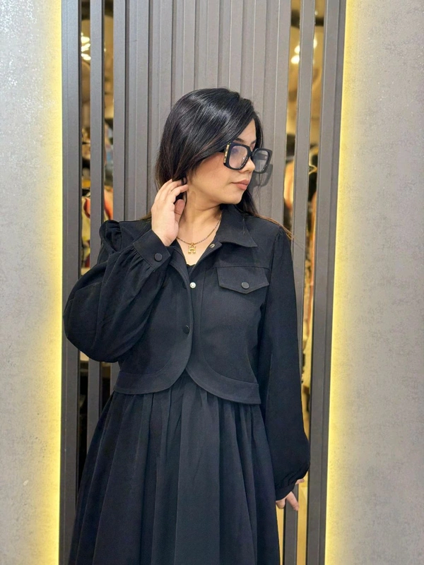SKU 2247 Elegant Beige Dresswith Smocked Detailing & Jacket - Black, Free Size M To Xl