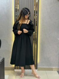 SKU 2247 Elegant Beige Dresswith Smocked Detailing & Jacket - Black, Free Size M To Xl