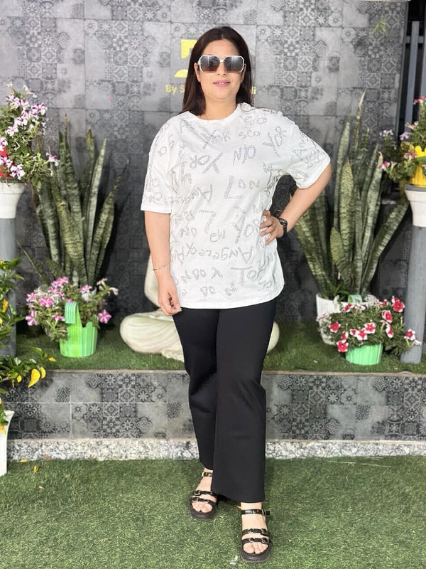 SKU 1173 Sequins Plus Size T-shirt - White, Free Size L To 4XL
