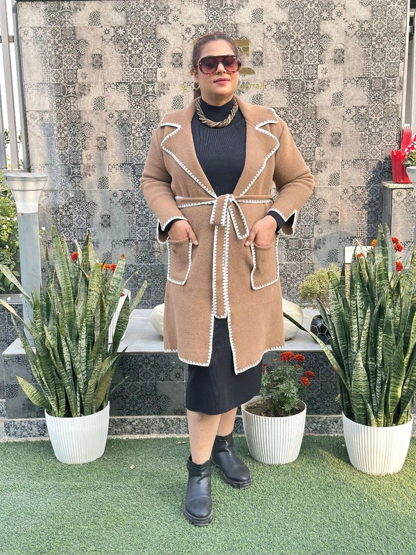 SKU 1345 Beautiful Woollen Long Embroidery Coat - Beige, Free Size M TO XXXL