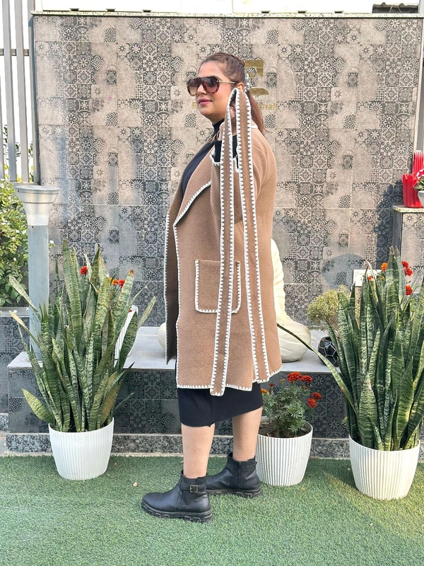 SKU 1345 Beautiful Woollen Long Embroidery Coat - Beige, Free Size M TO XXXL