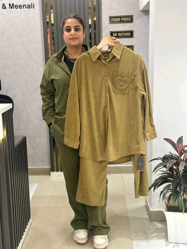 SKU 1403 Beautiful Corduroy Cordset With Stylish Pocket - Mehandi  Green, Free Size M TO XXL