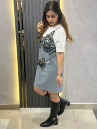 SKU 1479 Beautiful Denim Dress With Net Detailing - White, Free Size M TO XL