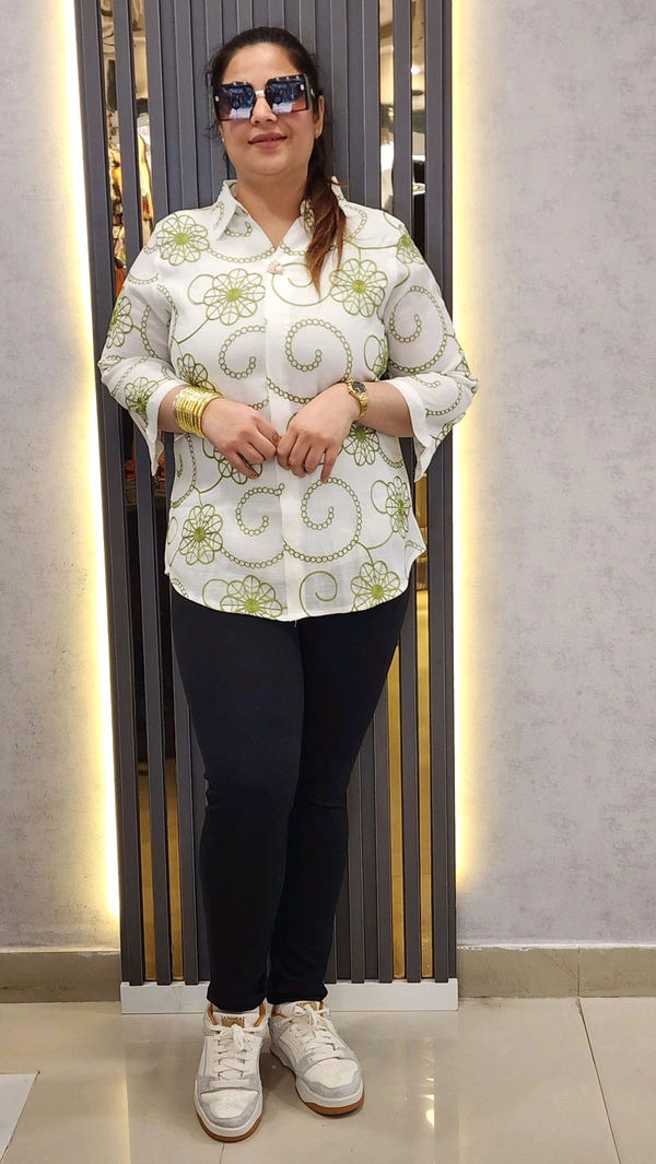 SKU 1483 Elegant Floral Embroidered Shirt - Premium Cotton Blend - Green, Free Size L To 3xl