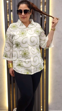 SKU 1483 Elegant Floral Embroidered Shirt - Premium Cotton Blend - Green, Free Size L To 3xl