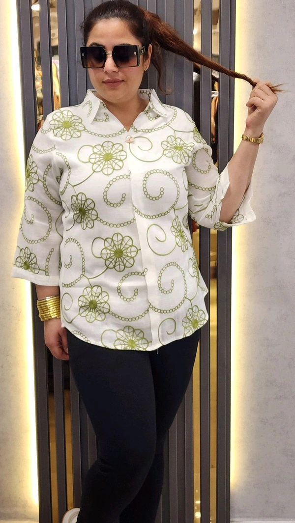 SKU 1483 Elegant Floral Embroidered Shirt - Premium Cotton Blend - Green, Free Size L To 3xl