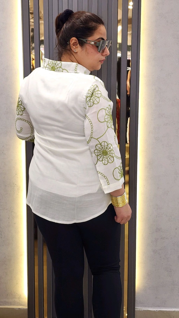 SKU 1483 Elegant Floral Embroidered Shirt - Premium Cotton Blend - Green, Free Size L To 3xl