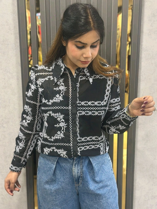 SKU 1503 Elegant  Embroidered Shirt – Classic Charm with Modern Detailing - Black, M L