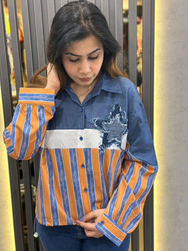 SKU 1513 Denim Fusion Striped Shirt – A Trendy Blend of Casual & Chic - Free Size M To XXXL, Orange