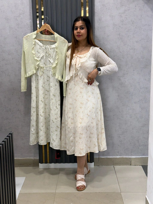 Vintage Floral Midi Dress with Ruffled Shrug - Elegant & Chic