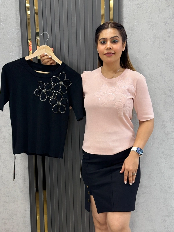 SKU 1784 Elegant Top With Flower Detailing - Black, Free Size M TO XL