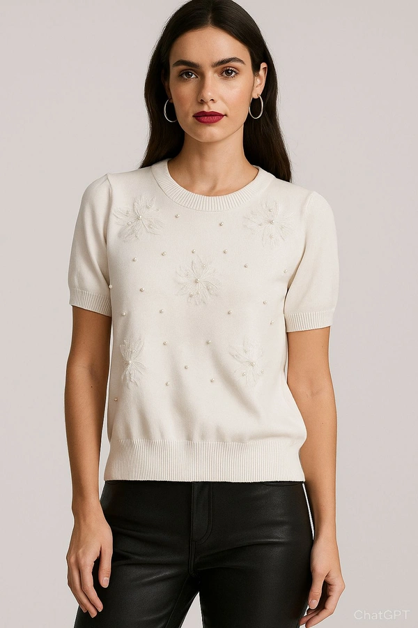SKU 1642 Beautiful Knitted Top With Pearl Detailing - Free Size M TO XL, White