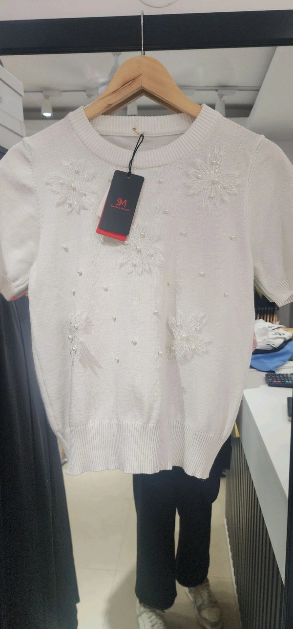 SKU 1642 Beautiful Knitted Top With Pearl Detailing - Free Size M TO XL, White