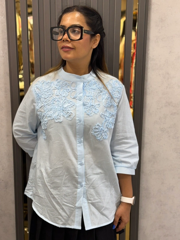 SKU 1646 Beautiful Cotton Shirt With Ribbon Detailing - Blue, Free Size M TO XXL