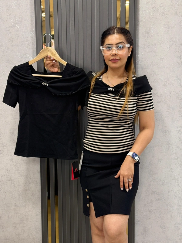 SKU 1762 Beautiful Top With Fall Neck - Beige Black, Free Size M TO XL