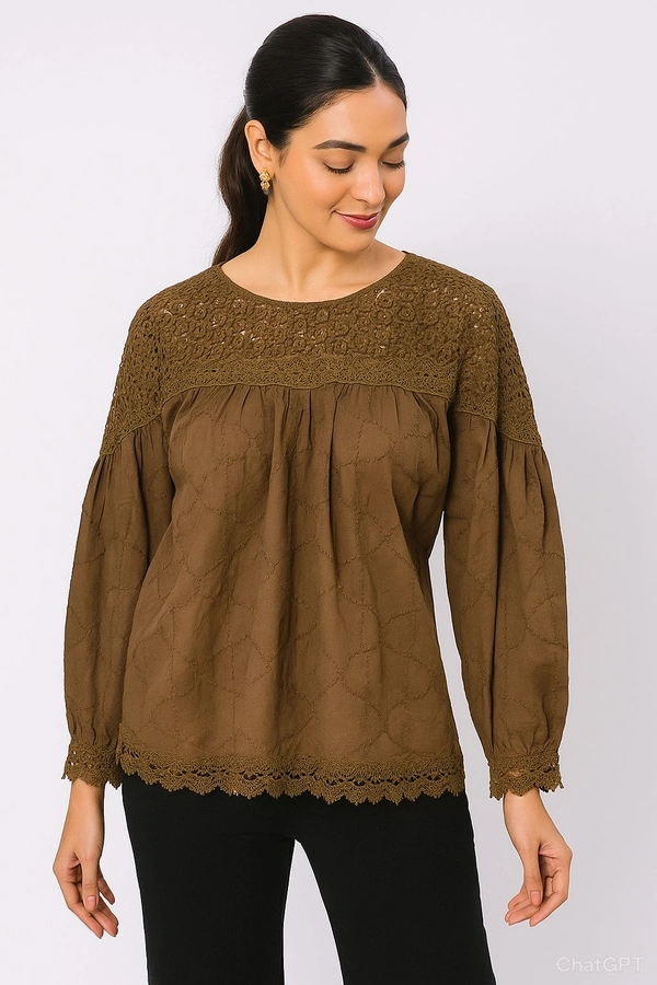 SKU 1637 Boho Lace Elegance – Premium Crochet Detail Tunic - Free Size L TO 4XL, Military Green