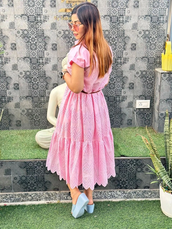 SKU 1198 Shcfilly Cotton Dress With Lining Ang Belt - Free Size M TO XXL, Pink