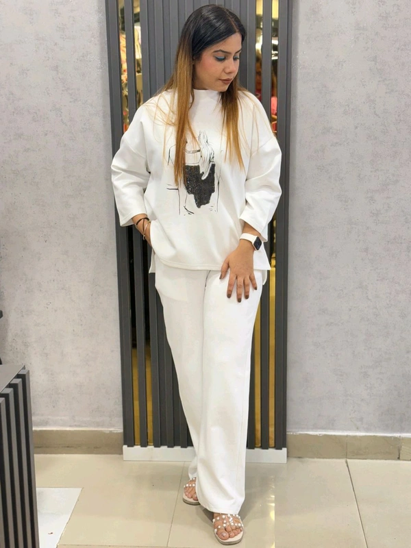 SKU 1733 Abstract Sketch Oversized Cord Set – Stylish & Comfy - White, Free Size M TO XXL