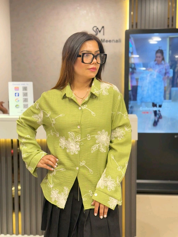 SKU 1800 Beautiful Embroidered Shirt - Green, Free Size M TO XXL
