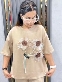 SKU 1805 Beautiful Cordset With 3D Flower - Tan, Free Size M TO XXL