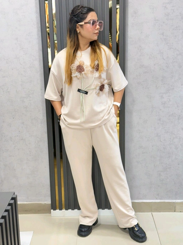 SKU 1805 Beautiful Cordset With 3D Flower - Beige, Free Size M TO XXL
