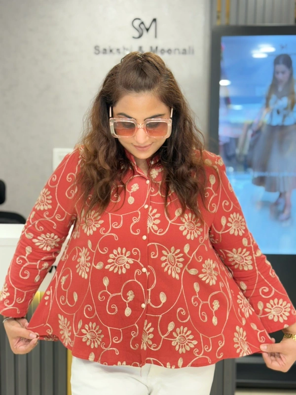 SKU 1806 Elegant Floral Embroidered Shirt - Premium Cotton Blend - Red Orange, Free Size M TO XXL