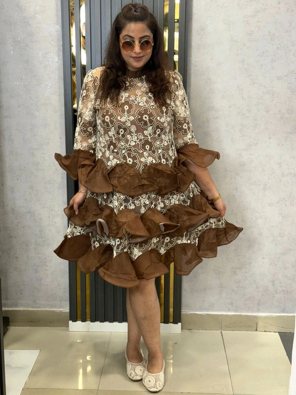 SKU  1807 Embroidered Dress With Frill And Belt Detailing  - Brown, Free Size M TO XXXL