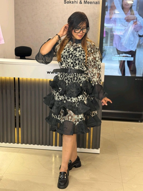 SKU  1807 Embroidered Dress With Frill And Belt Detailing  - Black, Free Size M TO XXXL