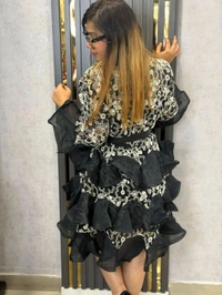 SKU  1807 Embroidered Dress With Frill And Belt Detailing  - Black, Free Size M TO XXXL