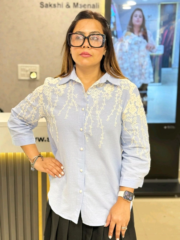 SKU 1801 Beautiful Embroidery Shirt - Sky blue, Free Size M TO XXL