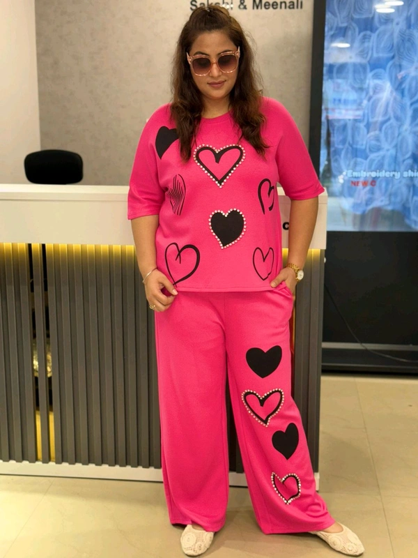 SKU  1793 Beautiful Cordset With Heart Amd Stud Detailing  - Shocking Pink, Free Size M TO 3XL