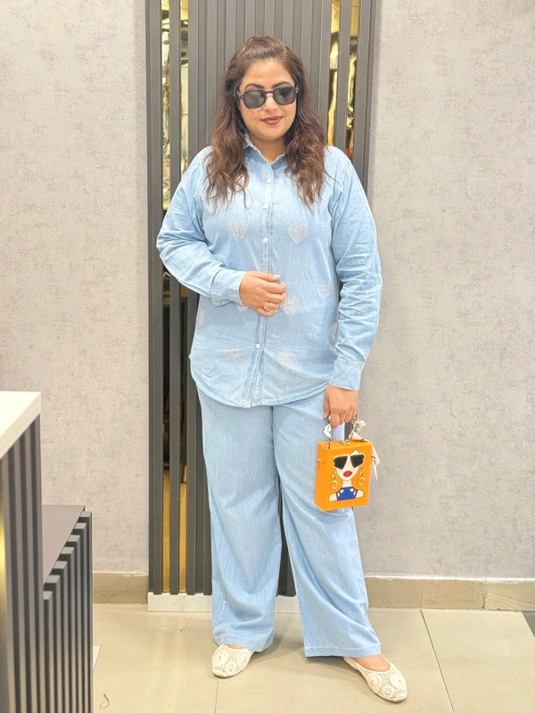SKU  1820 Beautiful Denim Cordset With Sequin  - Ice Blue, Free Size M TO XL