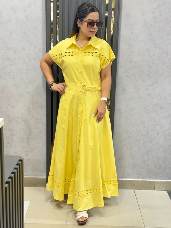 SKU  1819 Beautiful Dress With Lace Detailing With Belt - Yellow, Free Size M TO XL