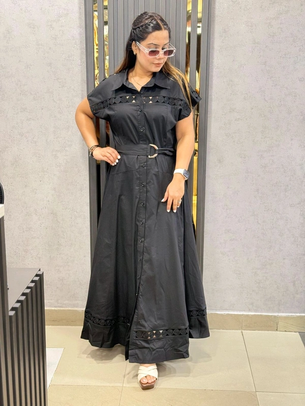 SKU  1819 Beautiful Dress With Lace Detailing With Belt - Black, Free Size M TO XL