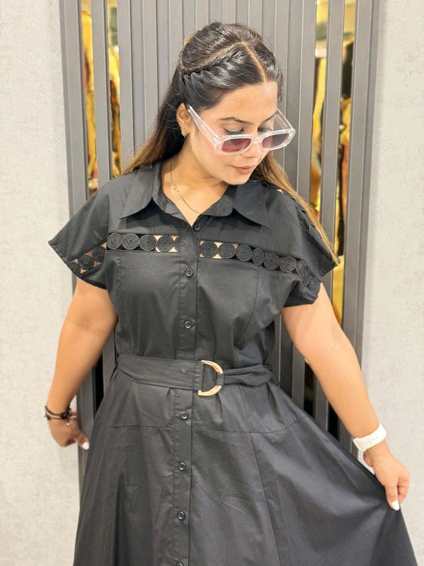 SKU  1819 Beautiful Dress With Lace Detailing With Belt - Black, Free Size M TO XL
