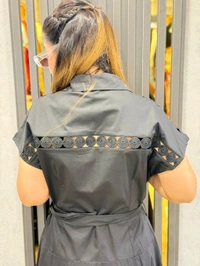 SKU  1819 Beautiful Dress With Lace Detailing With Belt - Black, Free Size M TO XL