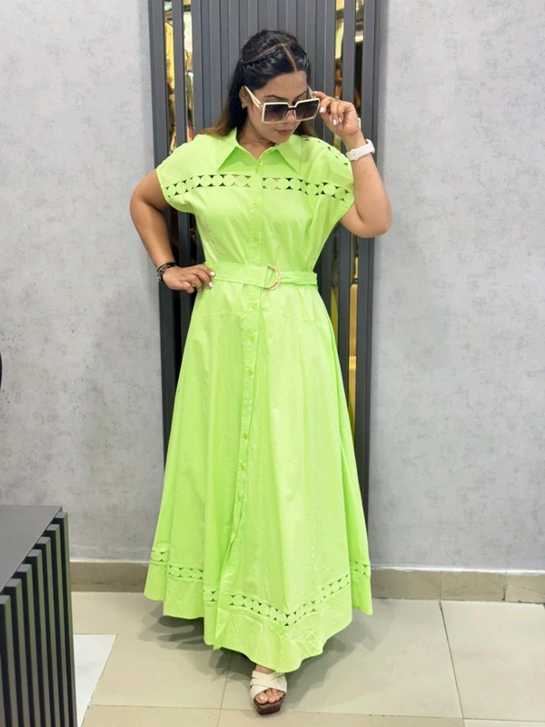 SKU  1819 Beautiful Dress With Lace Detailing With Belt - Green, Free Size M TO XL