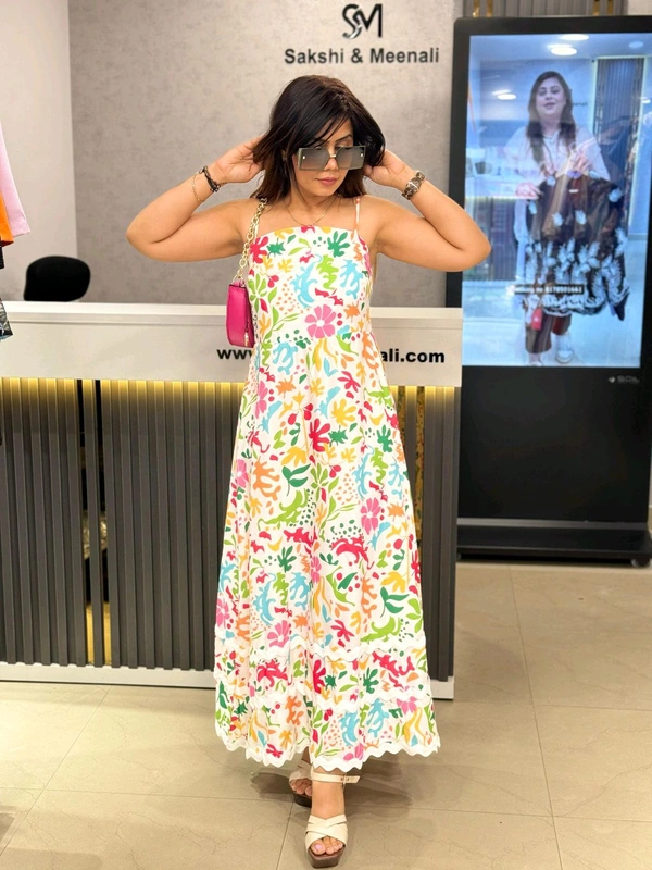 SKU 1810 Elegant Floral Dress With Lace Detailing  - White, Free Size M TO XL