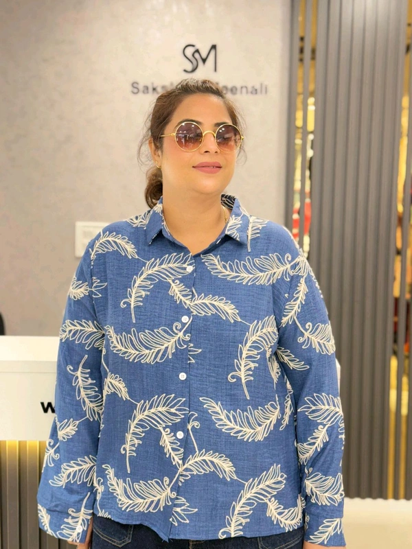 SKU 1812 Elegant Floral Embroidered Shirt - Premium Cotton Blend - Blue, Free Size M TO XXXL