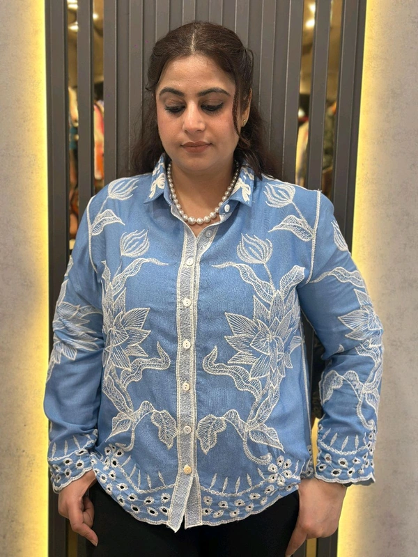 SKU  1816 Elegent Embroidered Shirt - Free Size M TO XXL, Light Blue