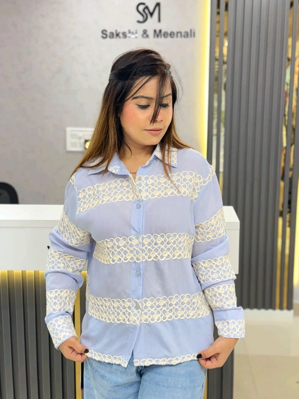 SKU  1821 Embroidered Pastel Paisley Shirt - Ice Blue, Free Size M TO XL