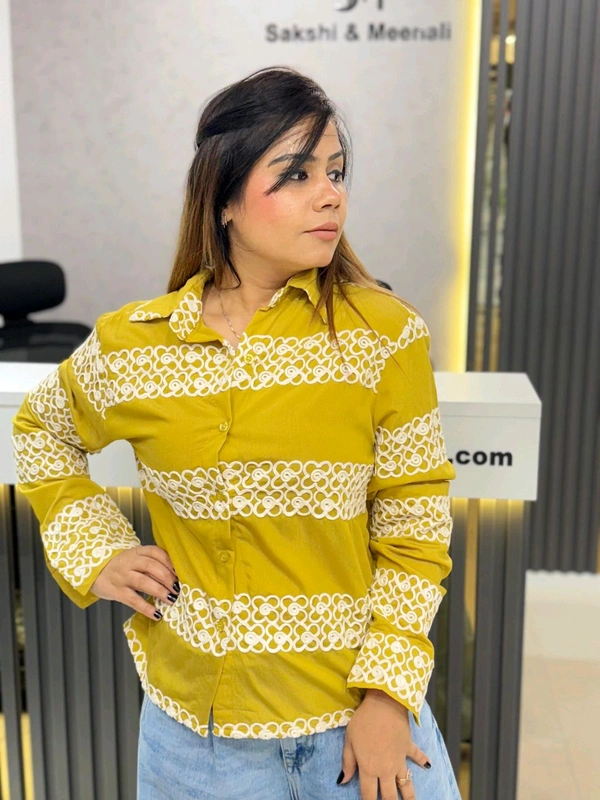 SKU  1821 Embroidered Pastel Paisley Shirt - Yellow, Free Size M TO XL